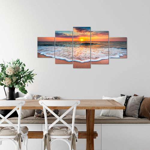 Runa Art Wandbilder Strand Meer 5 Teilig Bild auf Vlies Leinwand Deko Wohnzimmer Schlafzimmer Sonnenuntergang Orange 044552a