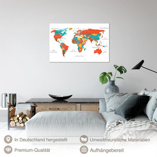 Runa Art Bild Weltkarte Modern Wandbilder Wohnzimmer Schlafzimmer Büro 1 Teilig - Made In Germany - Türkis Orange Weltkarte Flur 057215a
