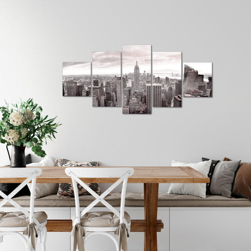 Runa Art Wandbilder New York Skyline 5 Teilig Bild auf Vlies Leinwand Deko Wohnzimmer Büro USA Grau Rosa 010252b