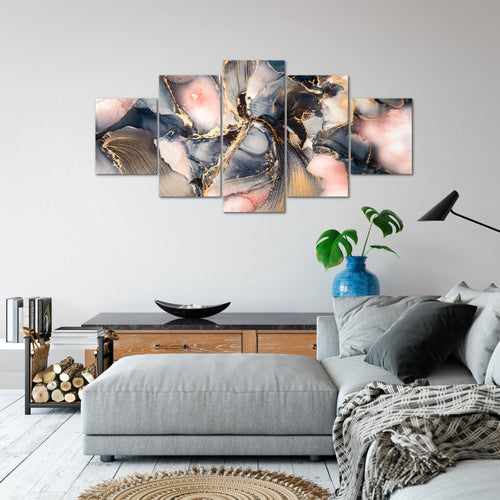 Runa Art Wandbilder Abstrakt 5 Teilig Bild auf Vlies Leinwand Deko Wohnzimmer Schlafzimmer Pastel blau rosa Gold 043852a