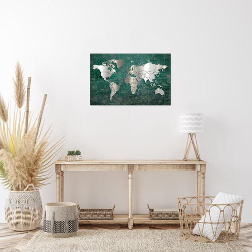 Runa Art Bild Weltkarte Modern Wandbilder Wohnzimmer Büro 1 Teilig - Made In Germany - Vintage Grün Silber Flur 109015c