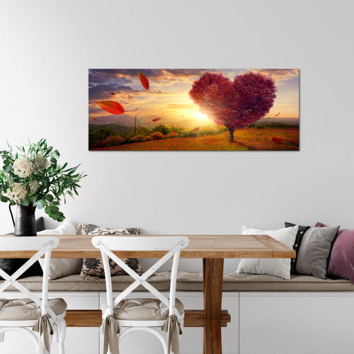 Runa Art Wandbild Herbst Baum Herz 1 Teilig 100 x 40 cm Modern Bild auf Vlies Leinwand Natur Wohnzimmer Schlafzimmer Rot Blau 605812a