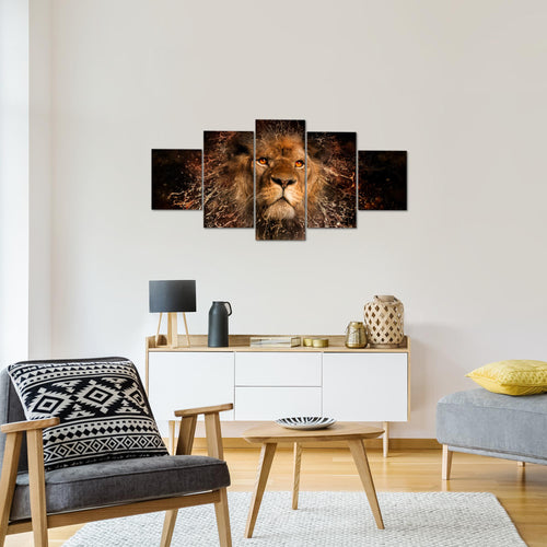 Runa Art Wandbilder Afrika Löwe 5 Teilig Bild auf Vlies Leinwand Deko Wohnzimmer Schlafzimmer Abstrakt Tiere Schwarz Gold 040752a
