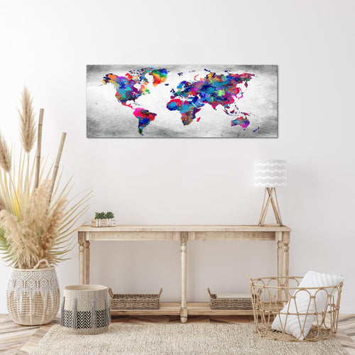 Runa Art Wandbild Weltkarte 1 Teilig 100 x 40 cm Modern Bild auf Vlies Leinwand Vintage Kontinente Büro Wohnzimmer Bunt 013312b