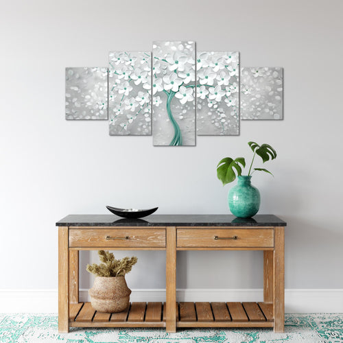 Runa Art Wandbilder Blumen 5 Teilig Bild auf Vlies Leinwand Deko Wohnzimmer Abstrakt Baum Weiss Türkis 039752b