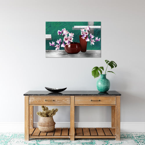Runa Art Bild Blumen Abstrakt Modern Wandbilder Wohnzimmer 1 Teilig - Made In Germany - Blumenvase Türkis Grau Flur 035215b