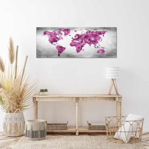 Runa Art Wandbild Weltkarte 1 Teilig 100 x 40 cm Modern Bild auf Vlies Leinwand Vintage Büro Wohnzimmer Rosa Grau 013312c