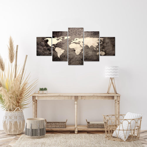 Runa Art Wandbilder Weltkarte 5 Teilig Bild auf Vlies Leinwand Deko Büro Wohnzimmer Vintage Antik Braun 101752c