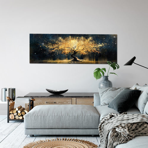 Runa Art Wandbild Abstrakt 100 x 40 cm Modern Bild auf Vlies Leinwand Gold Wohnzimmer Schlafzimmer Büro Baum 056912a