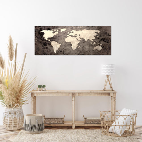 Runa Art Wandbild Weltkarte 1 Teilig 100 x 40 cm Modern Bild auf Vlies Leinwand Vintage Antik Büro Wohnzimmer Braun 101712c