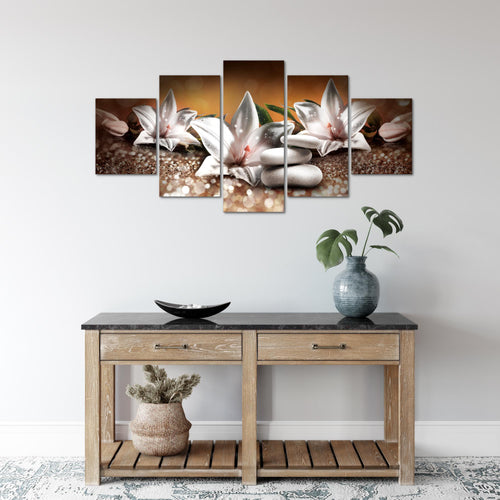 Runa Art Wandbilder Blumen Lilien 5 Teilig Bild auf Vlies Leinwand Deko Wohnzimmer Abstrakt Beige Braun 035852a