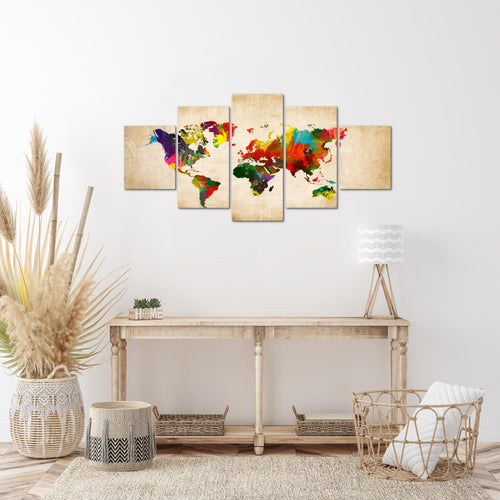 Runa Art Wandbilder Weltkarte 5 Teilig Bild auf Vlies Leinwand Deko Büro Wohnzimmer Kontinente Landkarte Bunt 105152a