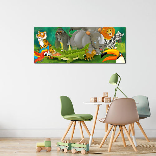 Runa Art Wandbild Tiere Dschungel 1 Teilig 100 x 40 cm Modern Bild auf Vlies Leinwand Kinderzimmer Spielzimmer Baby Bunt 001812a
