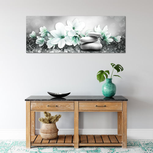 Runa Art Wandbild Blumen Magnolien 1 Teilig 100 x 40 cm Modern Bild auf Vlies Leinwand Abstrakt Wohnzimmer Grau Türkis 035412b