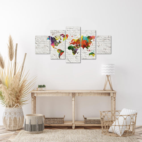 Runa Art Wandbilder Weltkarte 3D Effekt 5 Teilig Bild auf Vlies Leinwand Deko Büro Wohnzimmer Ziegel Bunt Weiss 106952b