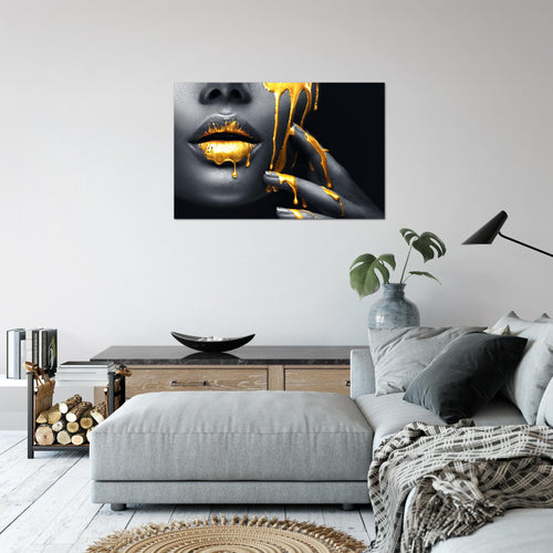 Runa Art Bild Lippen Gold Schwarz Modern Wandbilder Wohnzimmer Schlafzimmer 1 Teilig - Made In Germany - Kosmetik Fashion Frau Flur 041515a