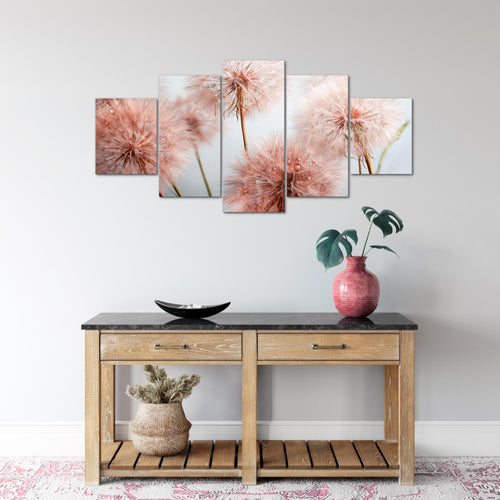 Runa Art Wandbilder Blumen Pusteblumen 5 Teilig Bild auf Vlies Leinwand Deko Wohnzimmer Natur Grau Rosa 042052a