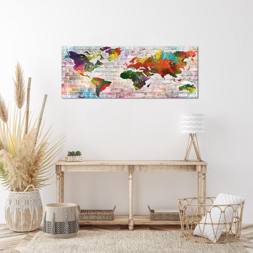 Runa Art Wandbild Weltkarte 1 Teilig 100 x 40 cm Modern Bild auf Vlies Leinwand Steinoptik Ziegel Büro Wohnzimmer Bunt 106912a