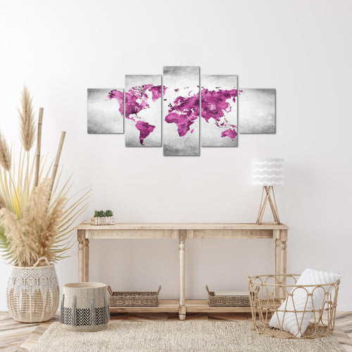 Runa Art Wandbilder Weltkarte 5 Teilig Bild auf Vlies Leinwand Deko Büro Wohnzimmer Vintage Rosa Grau 013352c