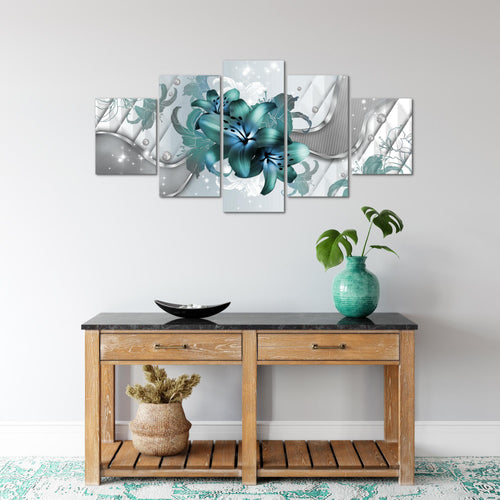 Runa Art Wandbilder Blumen Lilien 5 Teilig Bild auf Vlies Leinwand Deko Wohnzimmer Abstrakt Grau Türkis 016552a