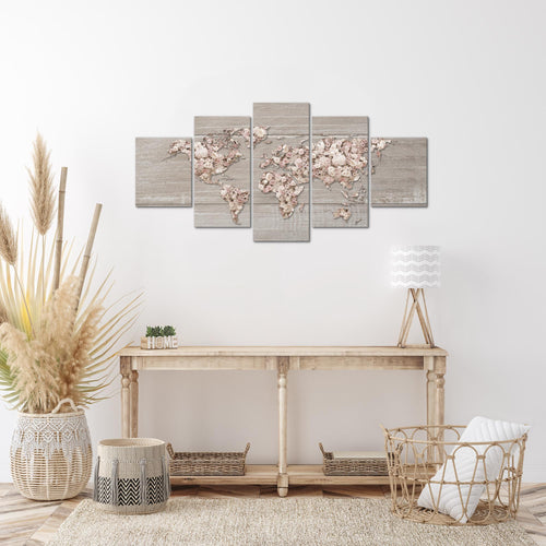 Runa Art Wandbilder Weltkarte Blumen 5 Teilig Bild auf Vlies Leinwand Deko Wohnzimmer Kontinente Biege Braun 023252c