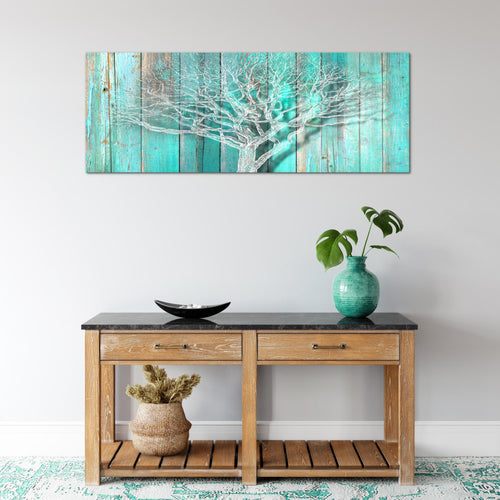 Runa Art Wandbild Baum Abstrakt 1 Teilig 100 x 40 cm Modern Bild auf Vlies Leinwand Holzmotiv Wohnzimmer Türkis Grau 039912c