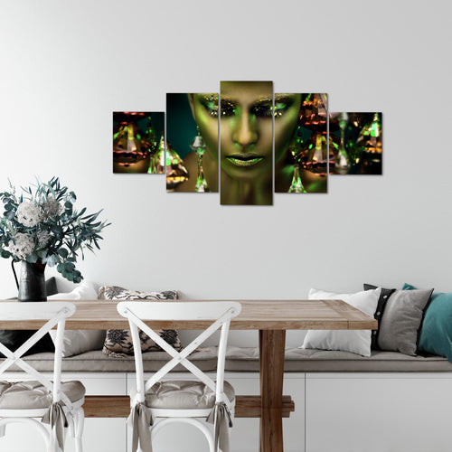 Runa Art Wandbilder Frau Gesicht Lippen 5 Teilig Bild auf Vlies Leinwand Deko Wohnzimmer Schlafzimmer Kosmetik Fashion Grün Gold 042152b