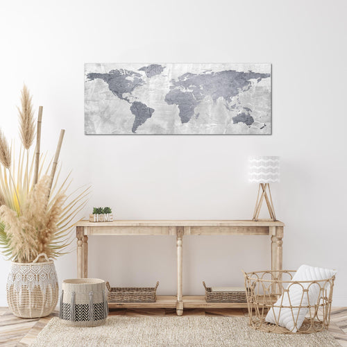 Runa Art Wandbild Weltkarte 1 Teilig 100 x 40 cm Modern Bild auf Vlies Leinwand Landkarte Beton Büro Wohnzimmer Grau 104312c