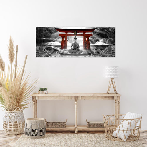 Runa Art Wandbild Feng Shui Buddha 1 Teilig 100 x 40 cm Modern Bild auf Vlies Leinwand Zen Wohnzimmer Schlafzimmer Rot Grau 036412c