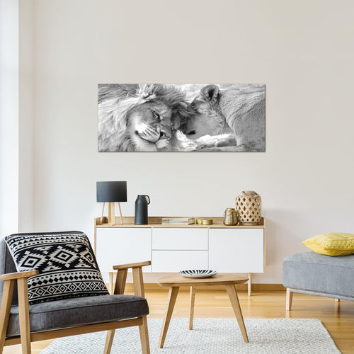 Runa Art Wandbild Löwen Liebe 1 Teilig 100 x 40 cm Modern Bild auf Vlies Leinwand Löwen Familie Wohnzimmer Schlafzimmer Schwarz Weiss 002112c