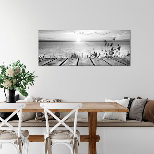 Runa Art Wandbild Brücke Am See 1 Teilig 100 x 40 cm Modern Bild auf Vlies Leinwand Landschaft Wohnzimmer Schlafzimmer Schwarz Weiss 034312c