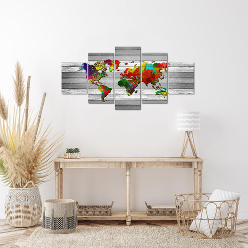 Runa Art Wandbilder Weltkarte 5 Teilig Bild auf Vlies Leinwand Deko Büro Wohnzimmer Kontinente Holz Bunt 105452b