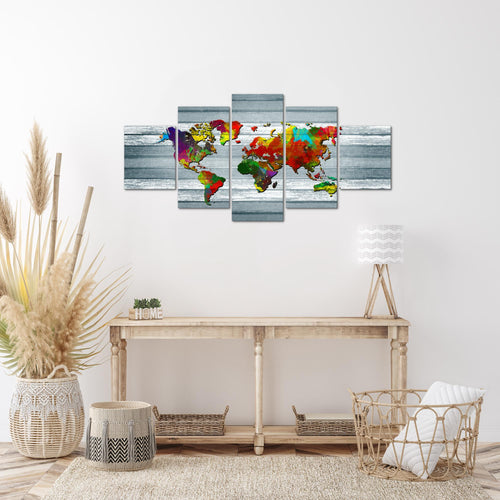 Runa Art Wandbilder Weltkarte 5 Teilig Bild auf Vlies Leinwand Deko Büro Wohnzimmer Kontinente Holz Bunt 105452c