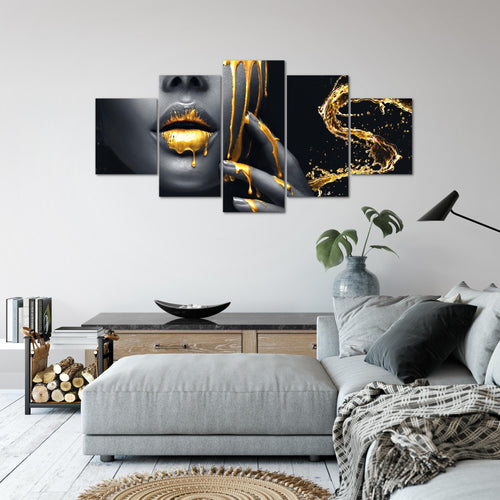 Runa Art Wandbilder Lippen Gold Schwarz 5 Teilig Bild auf Vlies Leinwand Deko Wohnzimmer Schlafzimmer Kosmetik Fashion Frau 041552a