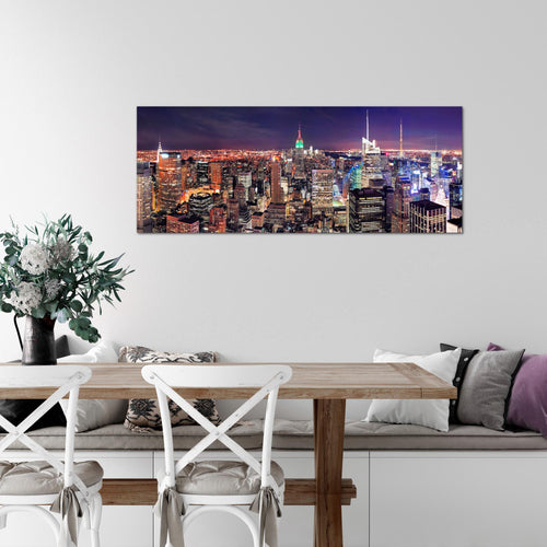 Runa Art Wandbild New York Skyline 1 Teilig 100 x 40 cm Modern Bild auf Vlies Leinwand Städte Wohnzimmer Büro Violett Lila 036212a