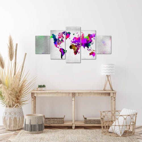 Runa Art Wandbilder Weltkarte 5 Teilig Bild auf Vlies Leinwand Deko Büro Wohnzimmer Kontinente Stein Bunt 108852c