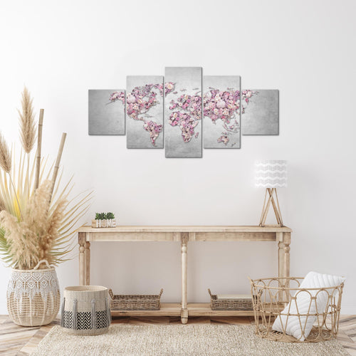 Runa Art Wandbilder Weltkarte Blumen 5 Teilig Bild auf Vlies Leinwand Deko Wohnzimmer Kontinente Rosa Grau 023252a