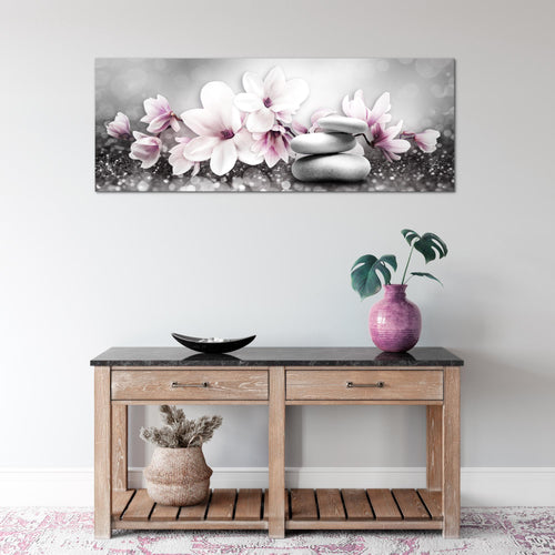 Runa Art Wandbild Blumen Magnolien 1 Teilig 100 x 40 cm Modern Bild auf Vlies Leinwand Abstrakt Wohnzimmer Grau Rosa 035412a