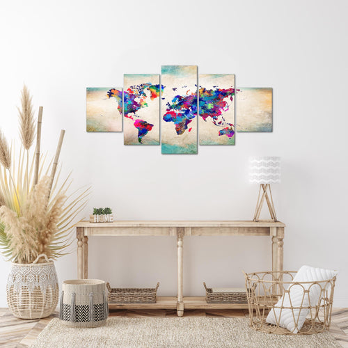 Runa Art Wandbilder Weltkarte 5 Teilig Bild auf Vlies Leinwand Deko Büro Wohnzimmer Vintage Kontinente Bunt 013352a