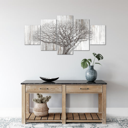 Runa Art Wandbilder Baum Abstrakt 5 Teilig Bild auf Vlies Leinwand Deko Wohnzimmer Holzmotiv Schwarz Weiss 039952b