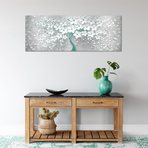 Runa Art Wandbild Blumen 1 Teilig 100 x 40 cm Modern Bild auf Vlies Leinwand Abstrakt Baum Wohnzimmer Weiss Türkis 039712b