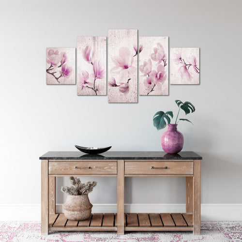 Runa Art Wandbilder Blumen Magnolien 5 Teilig Bild auf Vlies Leinwand Deko Wohnzimmer Abstrakt Grau Rosa 007752b