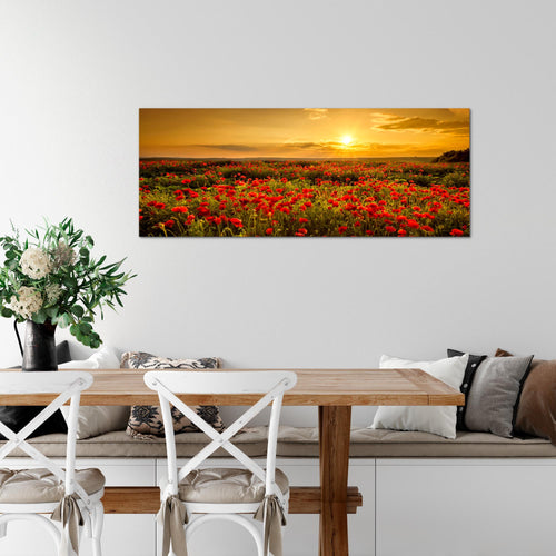Runa Art Wandbild Mohnblumen 100 x 40 cm Modern Bild auf Vlies Leinwand Blumenwiese Sonnenutergang Wohnzimmer Schlafzimmer Rot 043912a