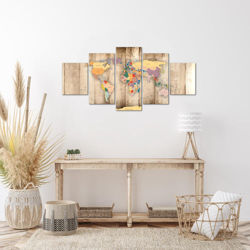Runa Art Wandbilder Weltkarte Holz 5 Teilig Bild auf Vlies Leinwand Deko Büro Wohnzimmer Kontinente Biege 108752a