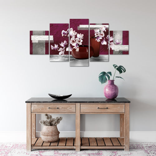 Runa Art Wandbilder Blumen Abstrakt 5 Teilig Bild auf Vlies Leinwand Deko Wohnzimmer Blumenvase Grau Rot 035252a