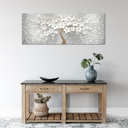 Runa Art Wandbild Blumen 1 Teilig 100 x 40 cm Modern Bild auf Vlies Leinwand Abstrakt Baum Wohnzimmer Weiss Gold 039712a