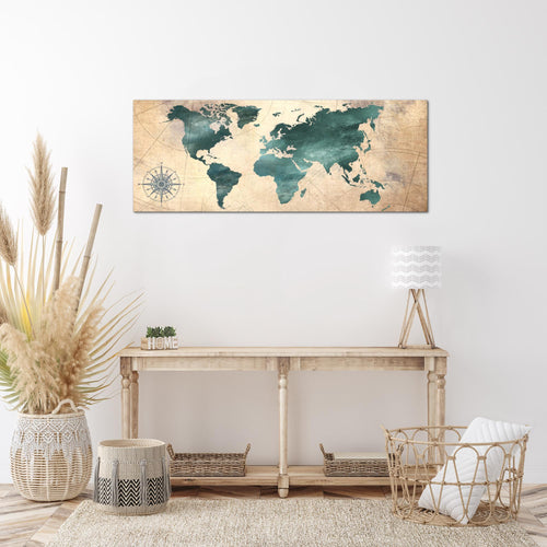 Runa Art Wandbild Weltkarte 1 Teilig 100 x 40 cm Modern Bild auf Vlies Leinwand Antik Büro Wohnzimmer Grün braun 026012a