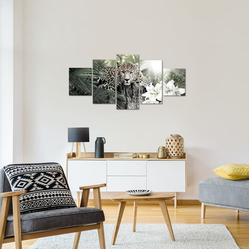 Runa Art Wandbilder Afrika Leopard 5 Teilig Bild auf Vlies Leinwand Deko Wohnzimmer Schlafzimmer Tiere Schwarz Weiss 006752c