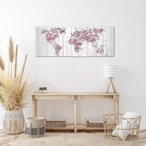 Runa Art Wandbild Weltkarte Blumen 1 Teilig 100 x 40 cm Modern Bild auf Vlies Leinwand Vintage Wohnzimmer Grau Rosa 023212b