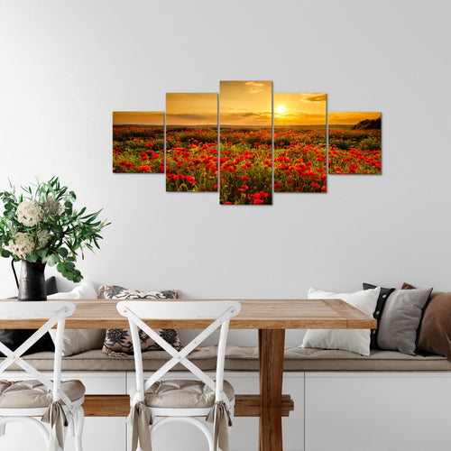 Runa Art Wandbilder Mohnblumen 5 Teilig Bild auf Vlies Leinwand Deko Wohnzimmer Schlafzimmer Blumenwiese Sonnenutergang Rot 043952a